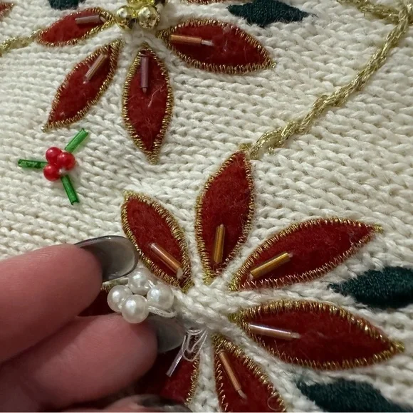 Vintage Ugly Christmas Sweater Vest Beaded Grandma Poinsettia Embroidered - Picture 8 of 15